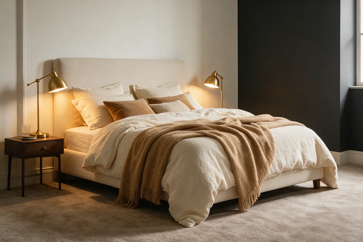 Schlafzimmer mit weichem Teppichboden in warmen Tönen