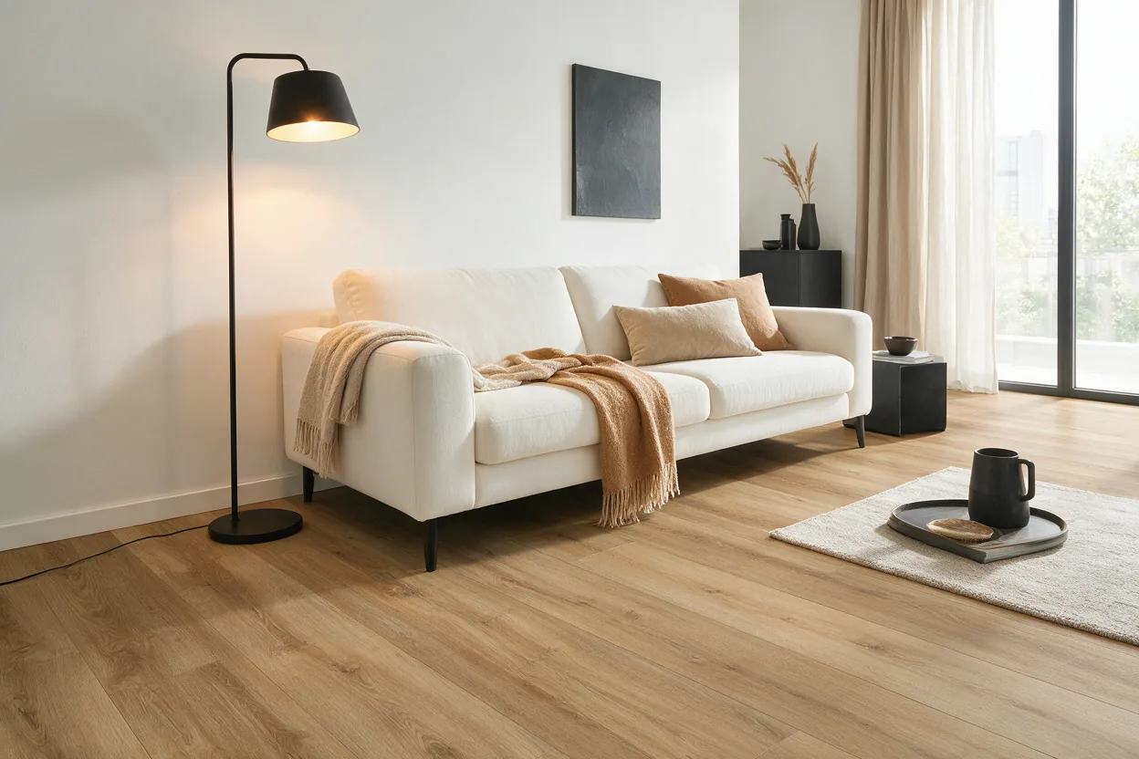 Helles Wohnzimmer mit Vinylboden in Eichenoptik